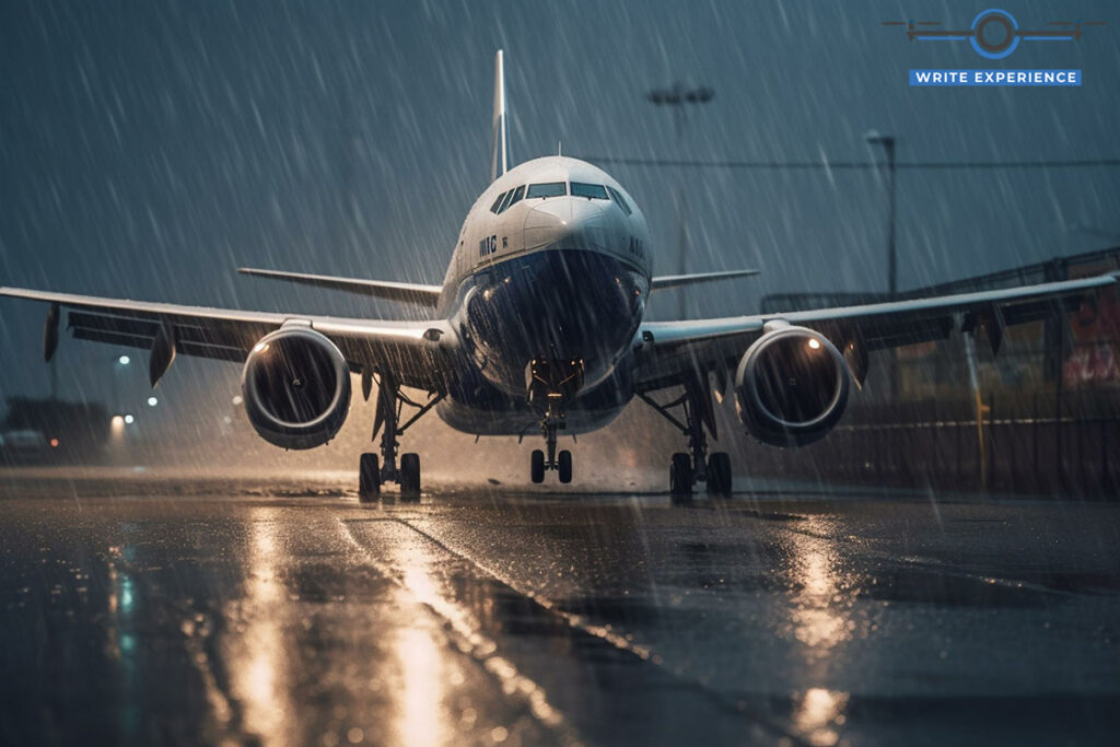 plane depart in rain